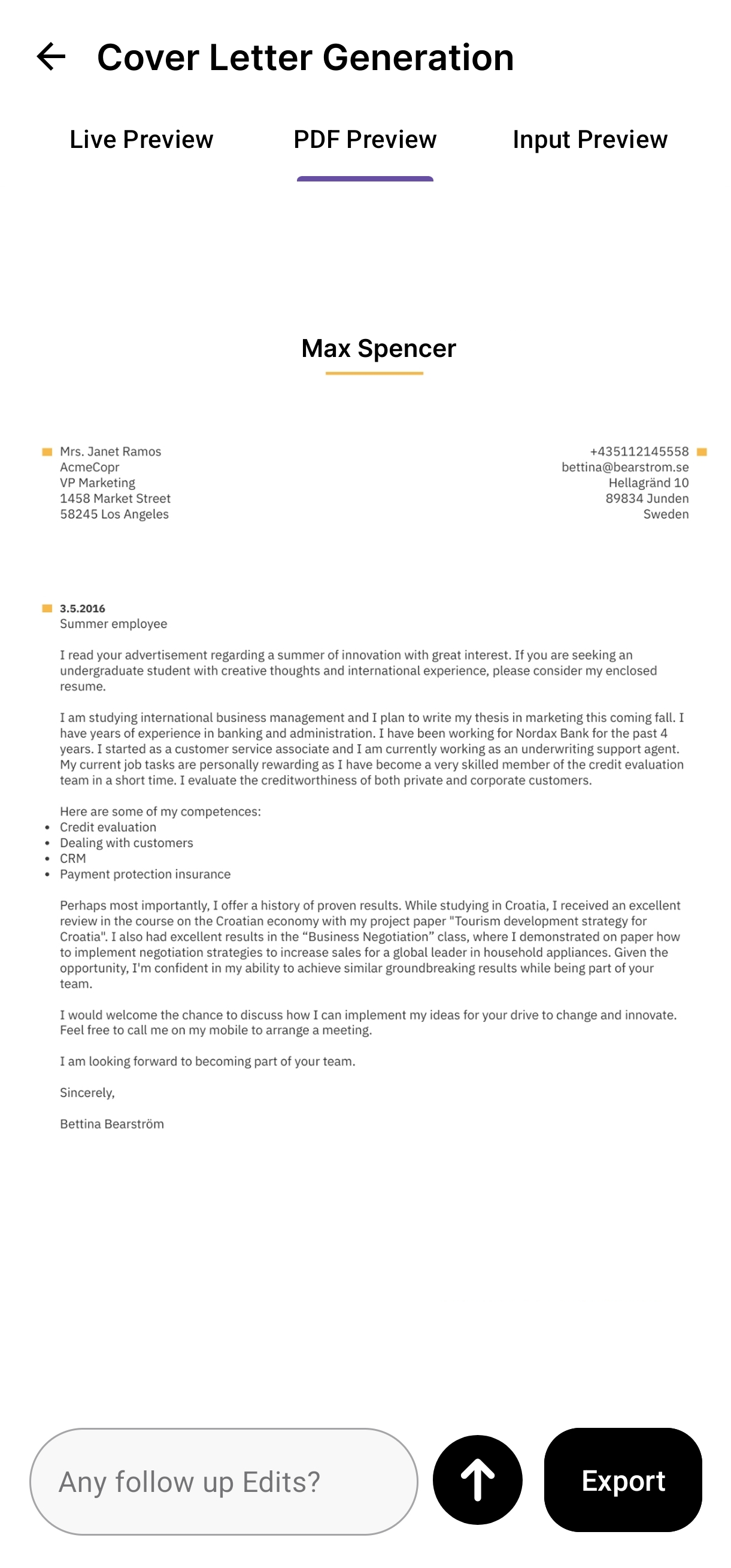 Reporite Cover Letter Feature Screenshot