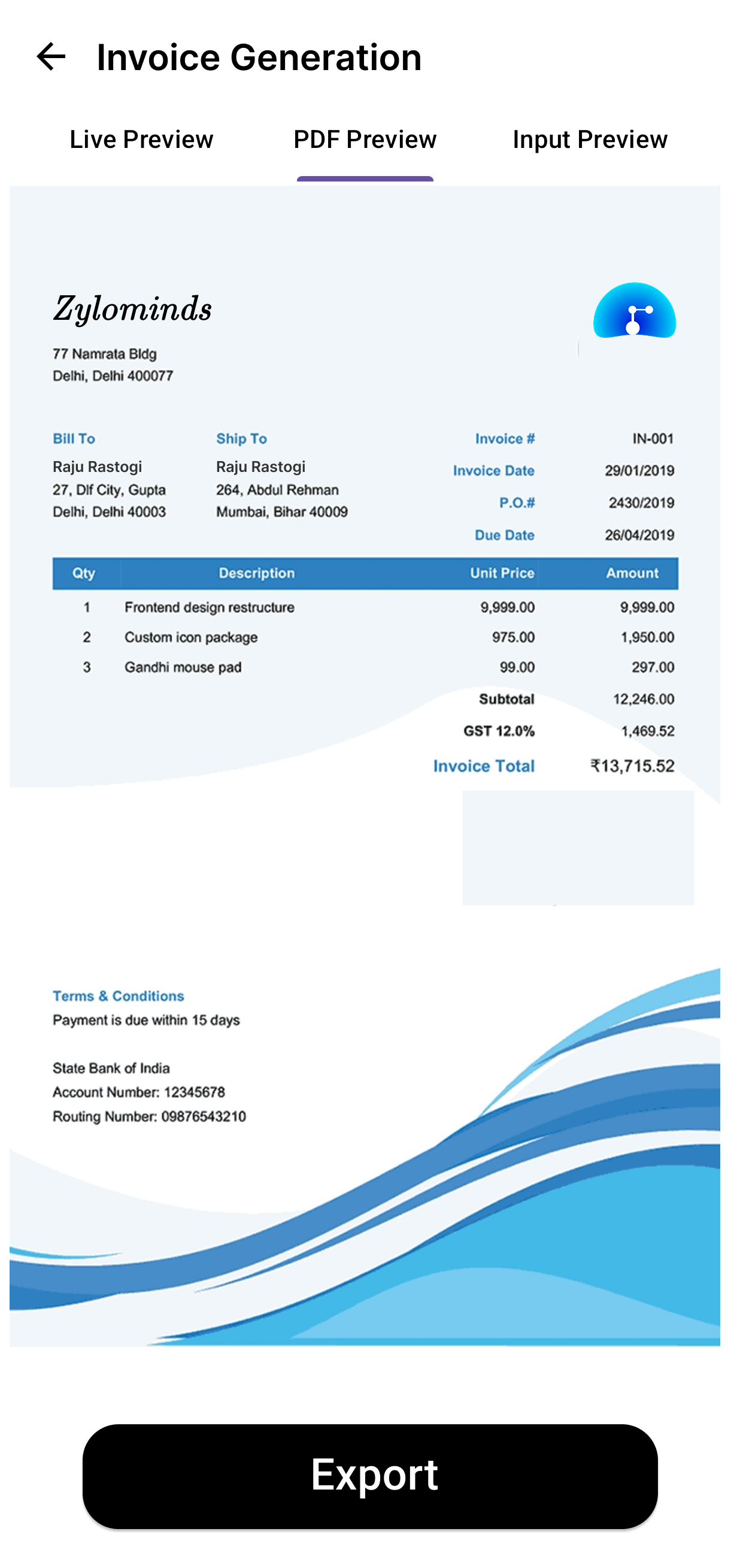 Reporite Invoice Feature Screenshot